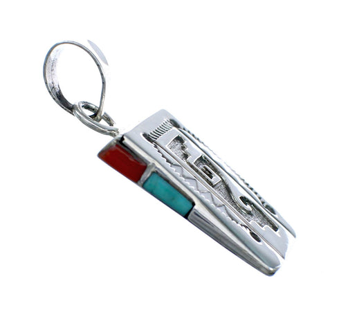Navajo Turquoise And Coral Sterling Silver Pendant NX11688